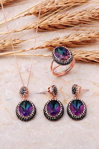 Sümer Telkari Mistik Topaz Rose Gümüş Set 2534