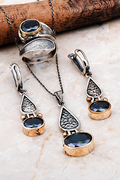 Sümer Telkari Mistik Topaz Taşlı Tasarım Elişi Gümüş Set 2286