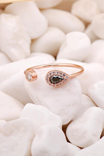 Sümer Telkari Siyah Taşlı Damla Rose Gümüş Minimal Yüzük 3219