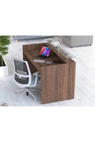 Mahmayi Modern Reception Desk White with Glass Top Desk Office Reception Table - 160Cm (Dark Brown)