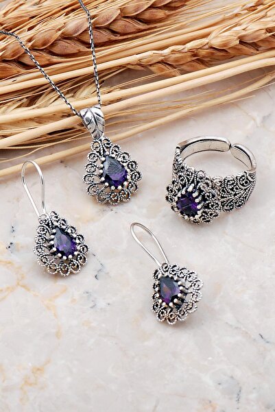 Sümer Telkari Ametist Taşlı Telkari Elişi Damla Gümüş Set 2391