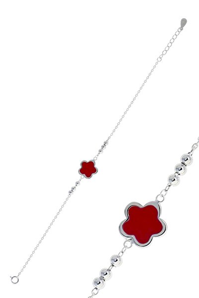 Sümer Telkari Yoncalı Kırmızı Mineli Rodyumlu Gümüş Bileklik 3778