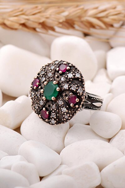 Sümer Telkari Kök Zümrüt Taşlı Elişi Gümüş Yüzük 166