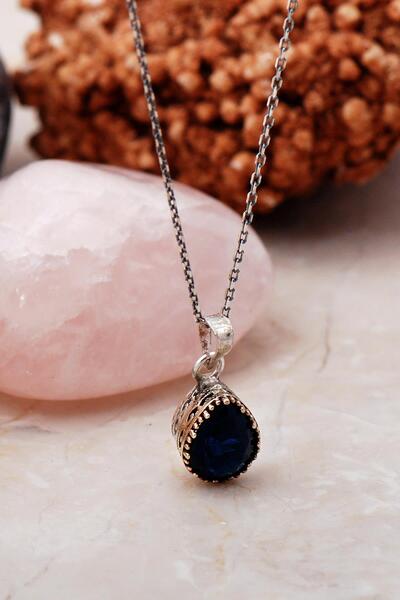 Sümer Telkari Safir Taşlı Elişi Damla Gümüş Kolye 6822