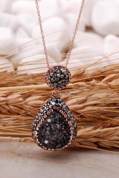 Sümer Telkari Doğal Kalsedon Taşlı Damla Rose Gümüş Kolye 7442