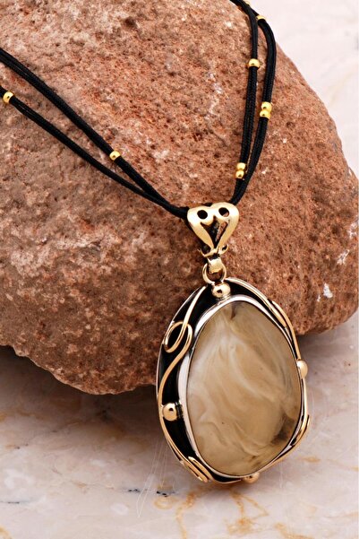 Sümer Telkari Kehribar Taşlı Elişi Tasarım Gümüş Kolye 6747