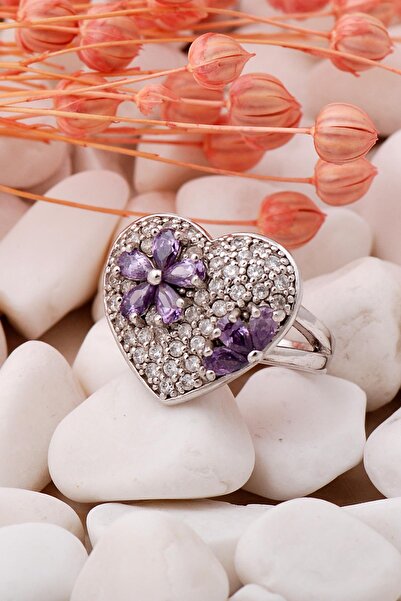 Sümer Telkari Ametist Taşlı Kalp Rodyumlu Gümüş Yüzük 272