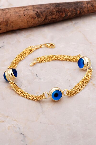 Sümer Telkari Göz Boncuklu Altın Yaldızlı Zincirli Gümüş Bileklik 3549