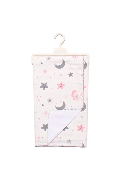bebegen Unisex White Pink Piping Cloud Moon Star Patterned Flannel Blanket