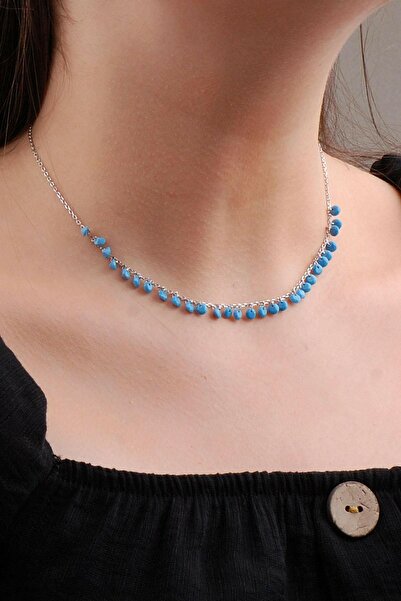 Sümer Telkari Turkuaz Taşlı Rodyumlu Gümüş Choker Kolye 7248