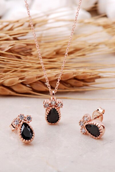 Sümer Telkari Onix Taşlı Damla Rose Gümüş Set 2470