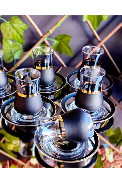 SEÇKİNEV Eva Blackline Gerçek Yaldızlı 12 Parça Çay Takımı&Bardak