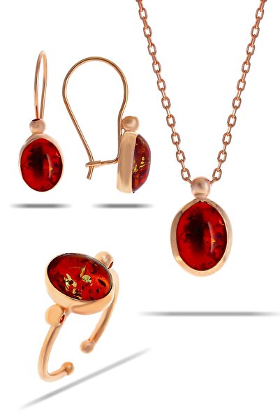 Sümer Telkari Kehribar Taşlı Rose Gümüş Set 2312
