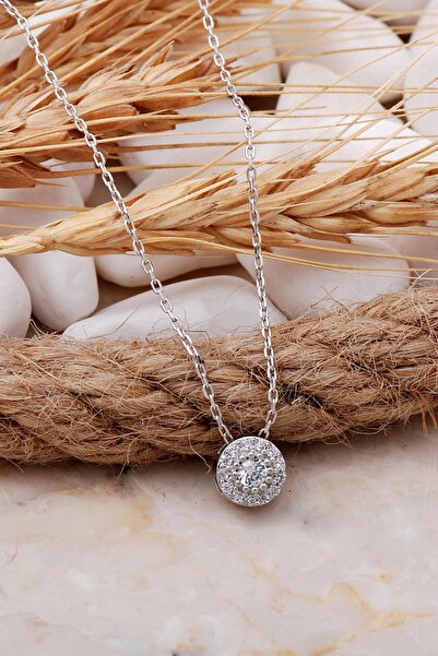 Sümer Telkari Elmas Montürlü 7 mm Rodyumlu Gümüş Kolye 7707