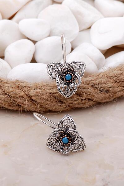 Sümer Telkari Turkuaz Taşlı Telkari Açelya Çiçeği Gümüş Küpe 5787