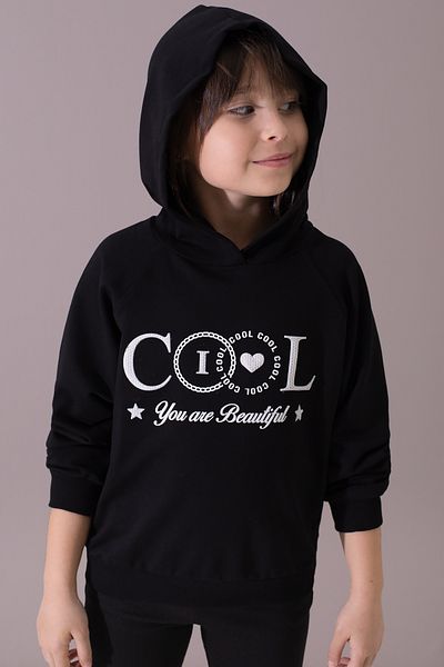 Cansın Mini Black Embossed Cool Written Hooded Sweatshirt for Girls 19698