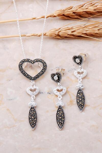 Sümer Telkari Markazit Taşlı Gümüş Kalpli Set 263