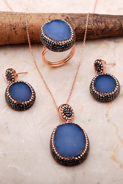 Sümer Telkari Kalsedon Taşlı Rose Gümüş Set 2091