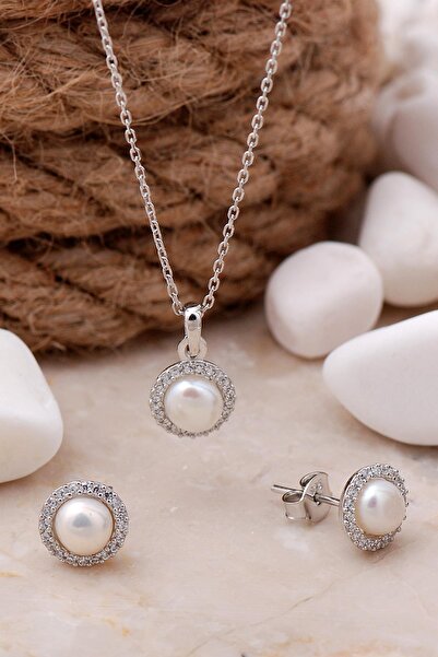 Sümer Telkari İnci Taşlı Rodyumlu Gümüş Trend Ikili Set 2486