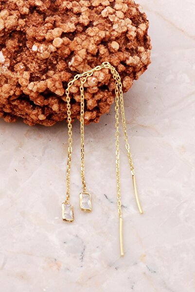 Sümer Telkari Baget Taşlı Altın Yaldızlı Gümüş Zincir Küpe 5204