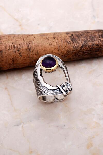 Sümer Telkari Ametist Taşlı Elişi Gümüş Tasarım Yüzük 3040