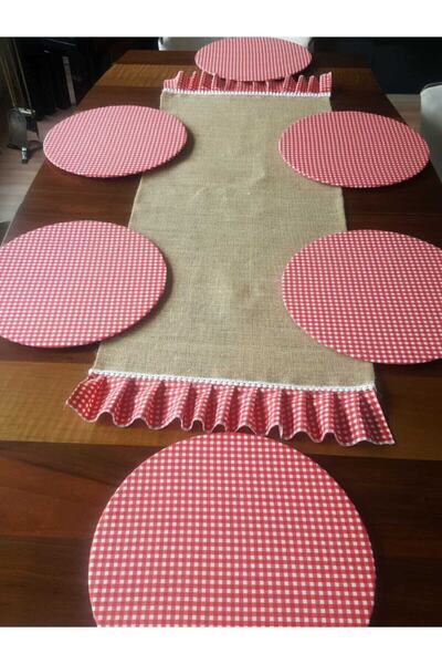 ZEYHOME DESIGN Pötikare Işlemeli Çuval Kumaş Runner Ve 6 Adet Amerikan Servis...