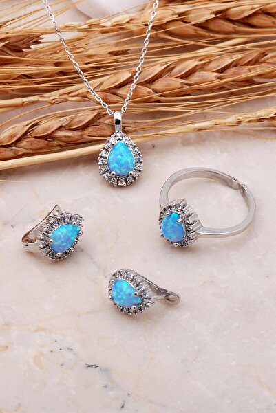 Sümer Telkari Opal Taşlı Damla Gümüş Üçlü Set 2422