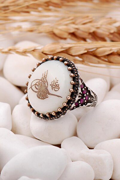 Sümer Telkari Osmanlı Tuğralı Sedef Taşlı Elişi Gümüş Yüzük 64