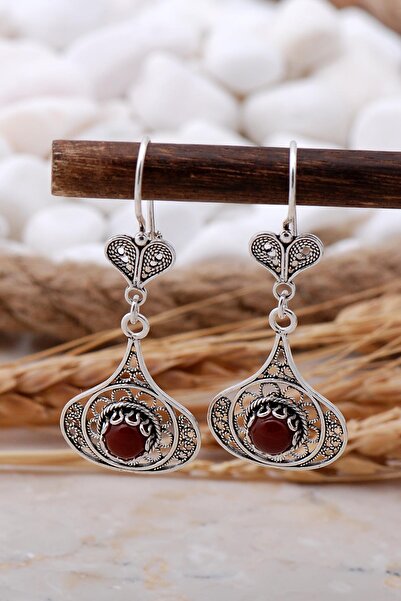 Sümer Telkari Akik Taşlı Telkari Elişi Gümüş Küpe 5774