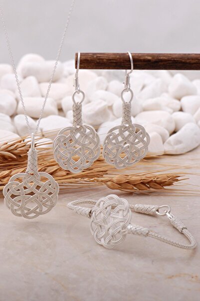 Sümer Telkari Aşk Düğümü Kazaziye Işlemeli Elişi Gümüş Set 2464