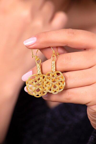 Sümer Telkari Aşk Düğümü Altın Yaldızlı Kazaziye El Sarması Gümüş Küpe 593