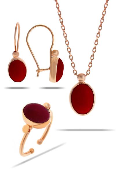 Sümer Telkari Mercan Taşlı Rose Gümüş Set 2314