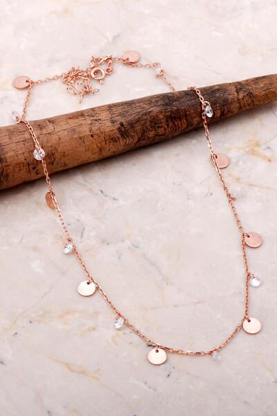 Sümer Telkari Pullu Sallantılı Taşlı Rose Gümüş Kolye 7108