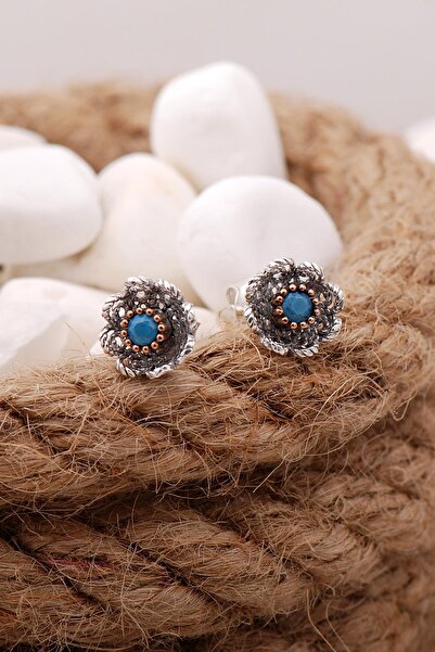 Sümer Telkari Turkuaz Taşlı Telkari Elişi Gül Gümüş Küpe 5576