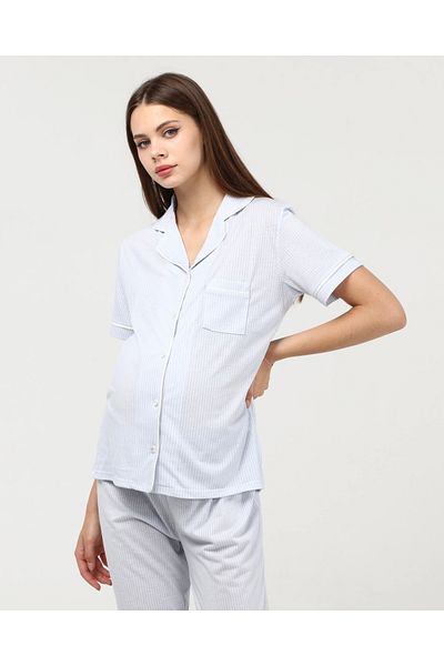 LadyMina Pijama Set de pijamale de maternitate și maternitate albastru 100% bumbac