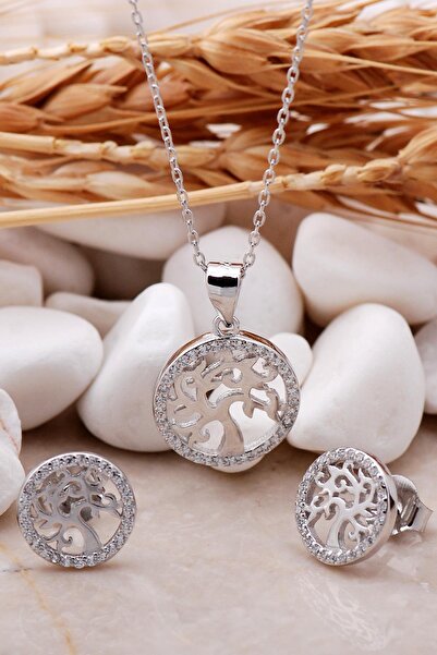 Sümer Telkari Hayat Ağacı Rodyumlu Mini Ikili Gümüş Set 2367