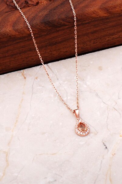 Sümer Telkari Renk Değiştiren Sultan Taşlı Rose Gümüş Mini Damla Kolye 7043