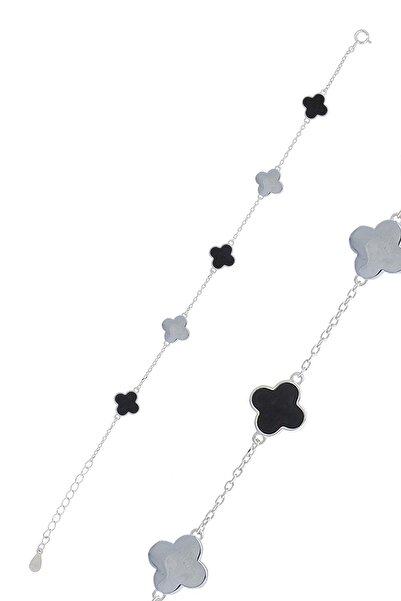 Sümer Telkari Yoncalı Siyah Mineli Rodyumlu Gümüş Bileklik 3772