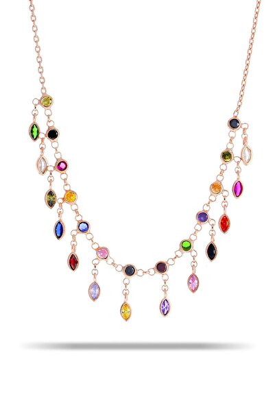 Sümer Telkari Mix Taşlı Akıtma Rose Gümüş Kolye 7324