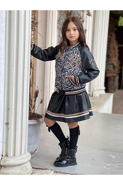 Uğurböceği Zebra Pattern College 4-Piece Girl's Set with Jacket and Skirt