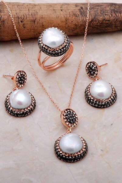 Sümer Telkari İnci Taşlı Rose Gümüş Set 2090
