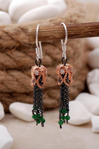 Sümer Telkari Laleli Zirkon Taşlı Püsküllü Gümüş Küpe 5648