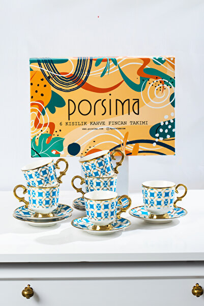 Porsima Esin Altın Yaldızlı 6 Kişilik Fincan Seti 12 Parça Türk Kahvesi Takımı Kahve Fincanı