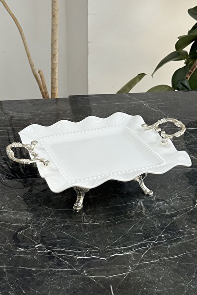 MAY HOME Lüks Gümüş Porselen Ayaklı Kulplu Tabak Kare & Sunumluk İkramlık Aya...