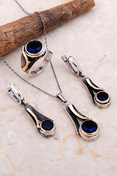 Sümer Telkari Safir Taşlı Tasarım Elişi Gümüş Set 2656