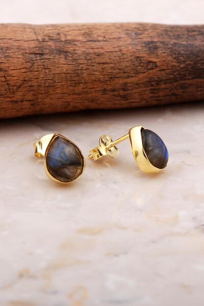 Sümer Telkari Doğal Labradorit Taşlı Damla Mini Altın Yaldızlı Gümüş Küpe 5834