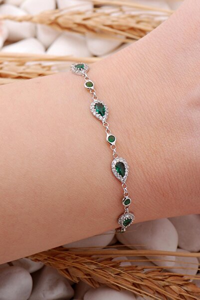 Sümer Telkari Yeşil Zirkon Damla Montürlü Rodyumlu Gümüş Bileklik 3909