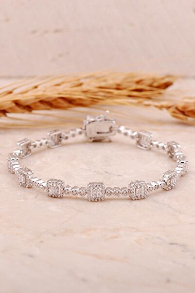 Sümer Telkari Baget Pırlanta Montürlü Rodyumlu Gümüş Bileklik 4459