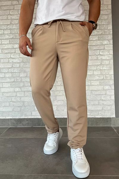 MİSHAR İTALİA Μπεζ ανδρικό παντελόνι Jogger με ελαστική μέση διπλό πόδι