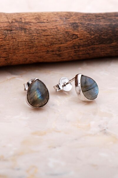 Sümer Telkari Doğal Labradorit Taşlı Damla Mini Rodyumlu Gümüş Küpe 5835